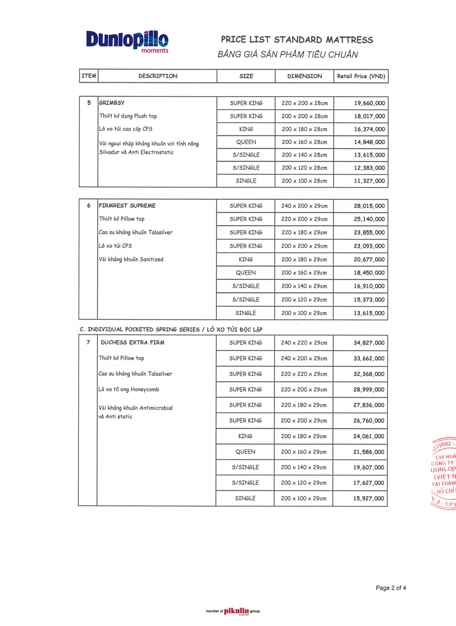 Bảng giá nệm Dunlopillo 2019