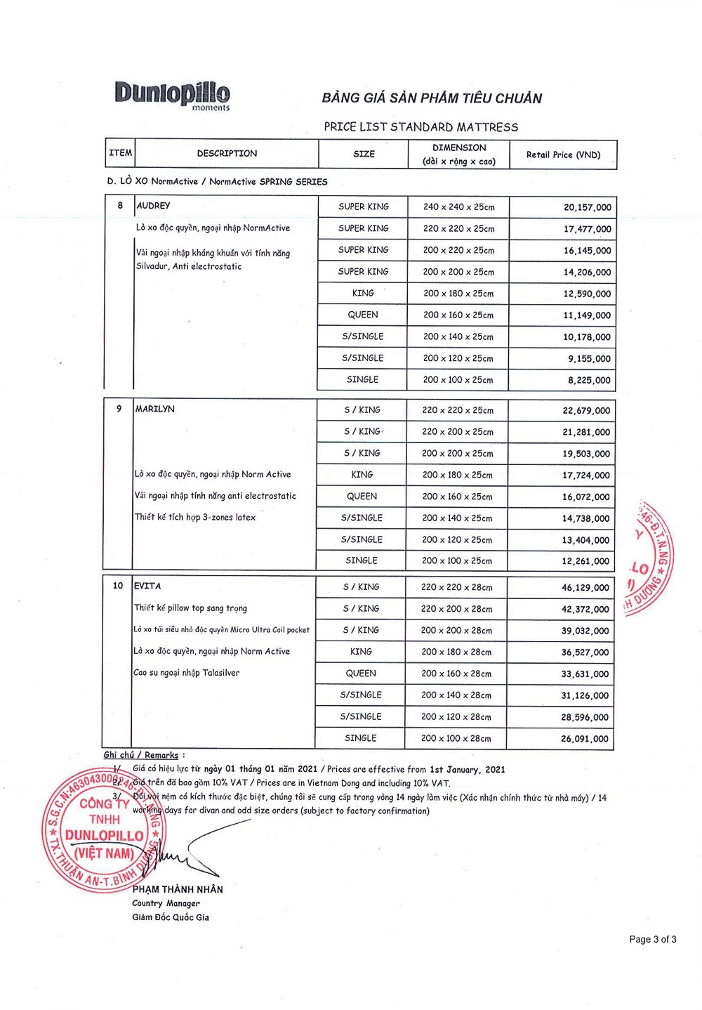 Bảng giá nệm Dunlopillo áp dụng từ 01/ 01/ 2021