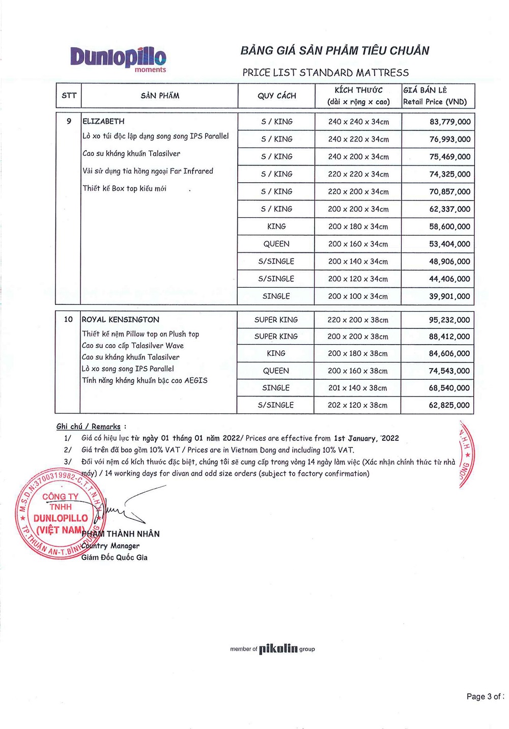 Bảng giá nệm Dunlopillo 2022