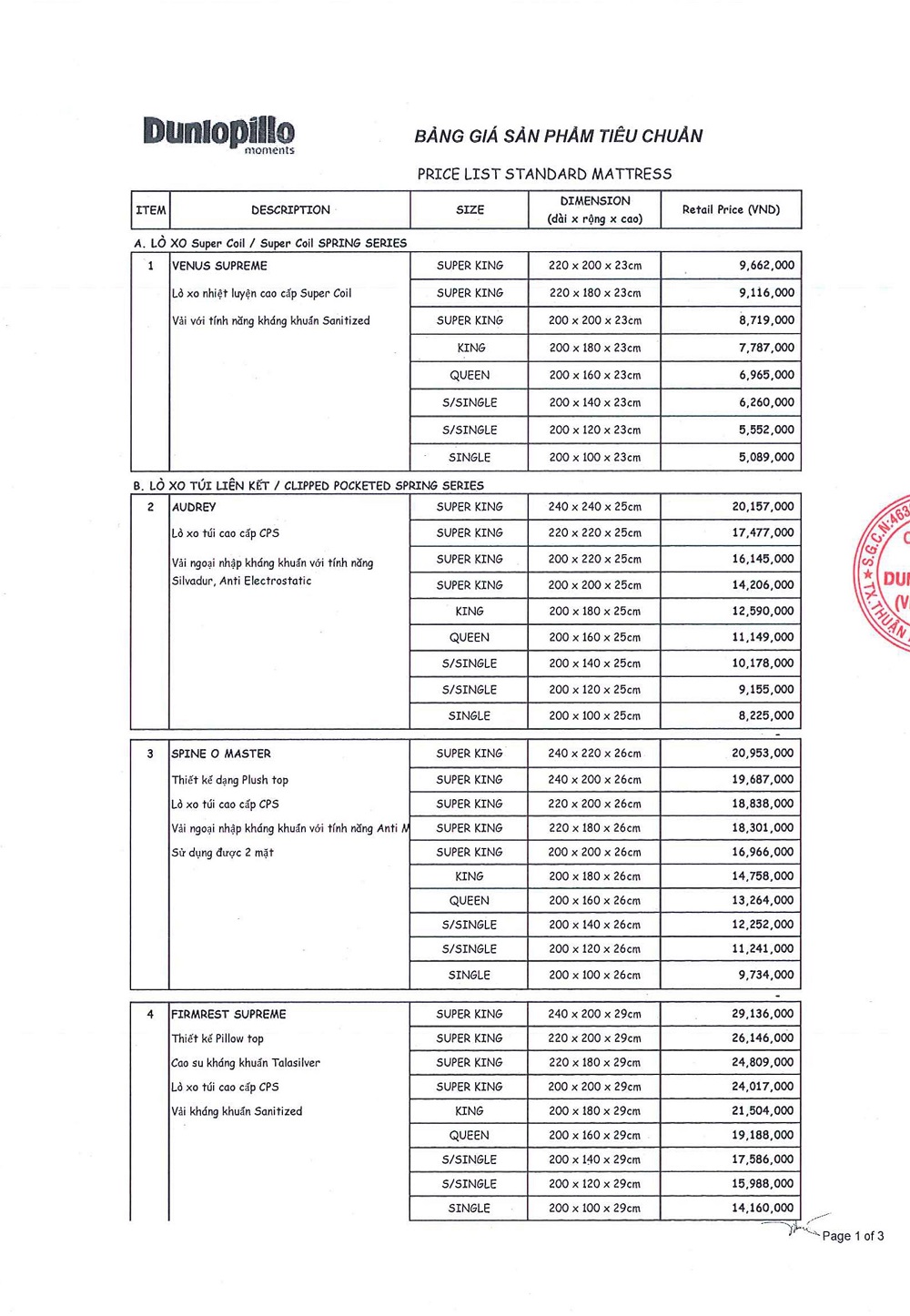 Bảng giá nệm Dunlopillo áp dụng từ 01/ 01/ 2021