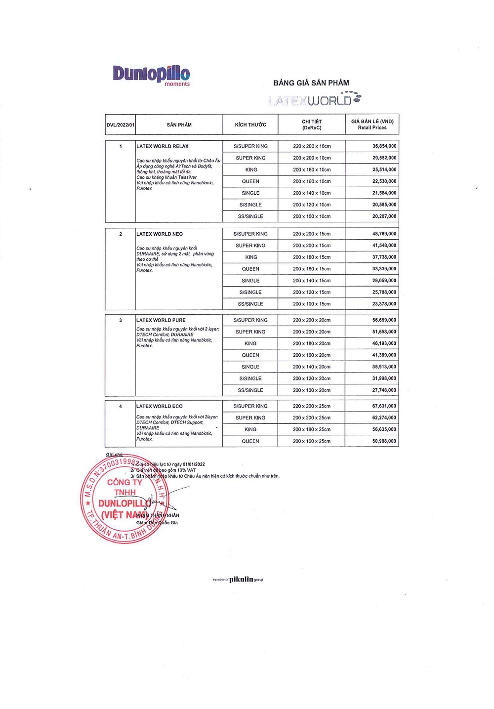 Bảng giá nệm Dunlopillo 2022