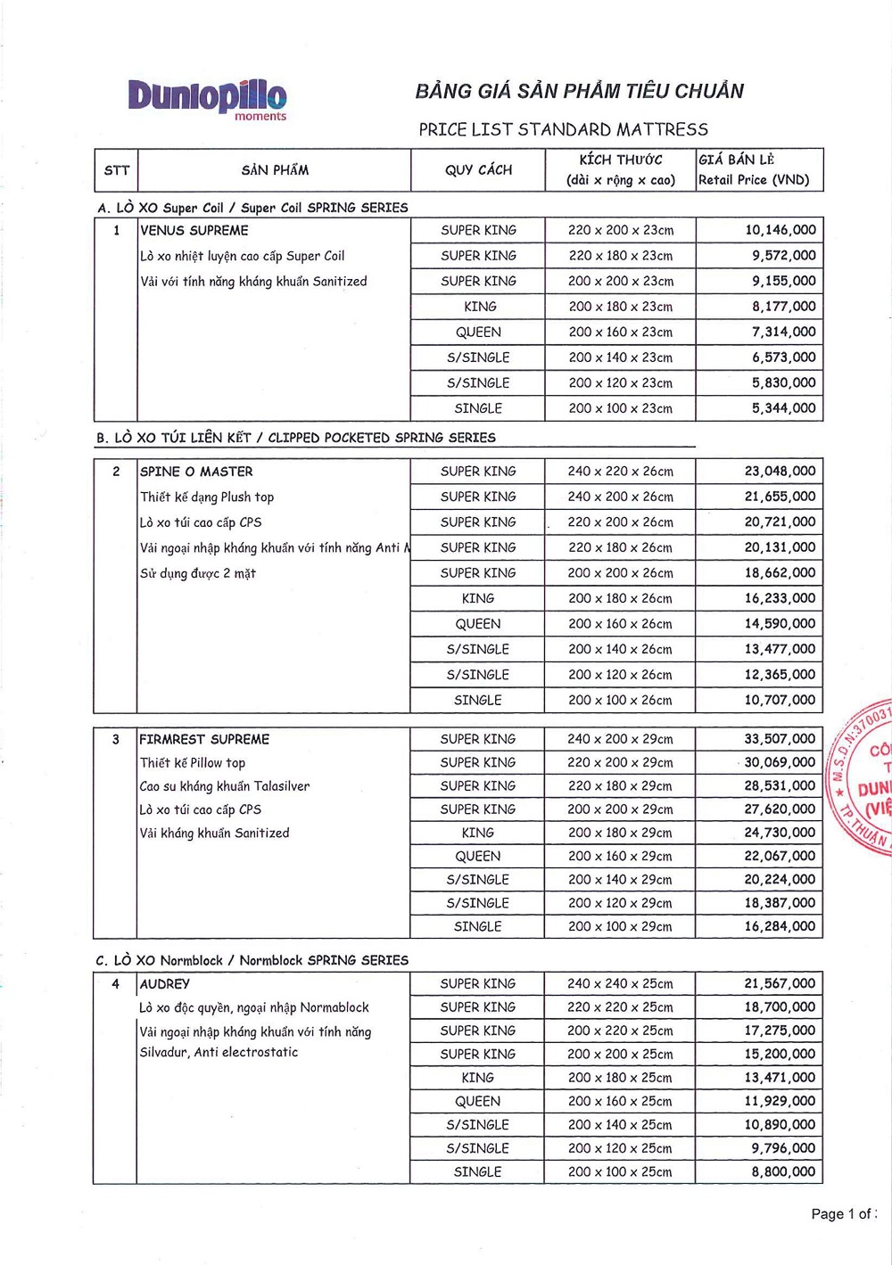 Bảng giá nệm Dunlopillo 2022