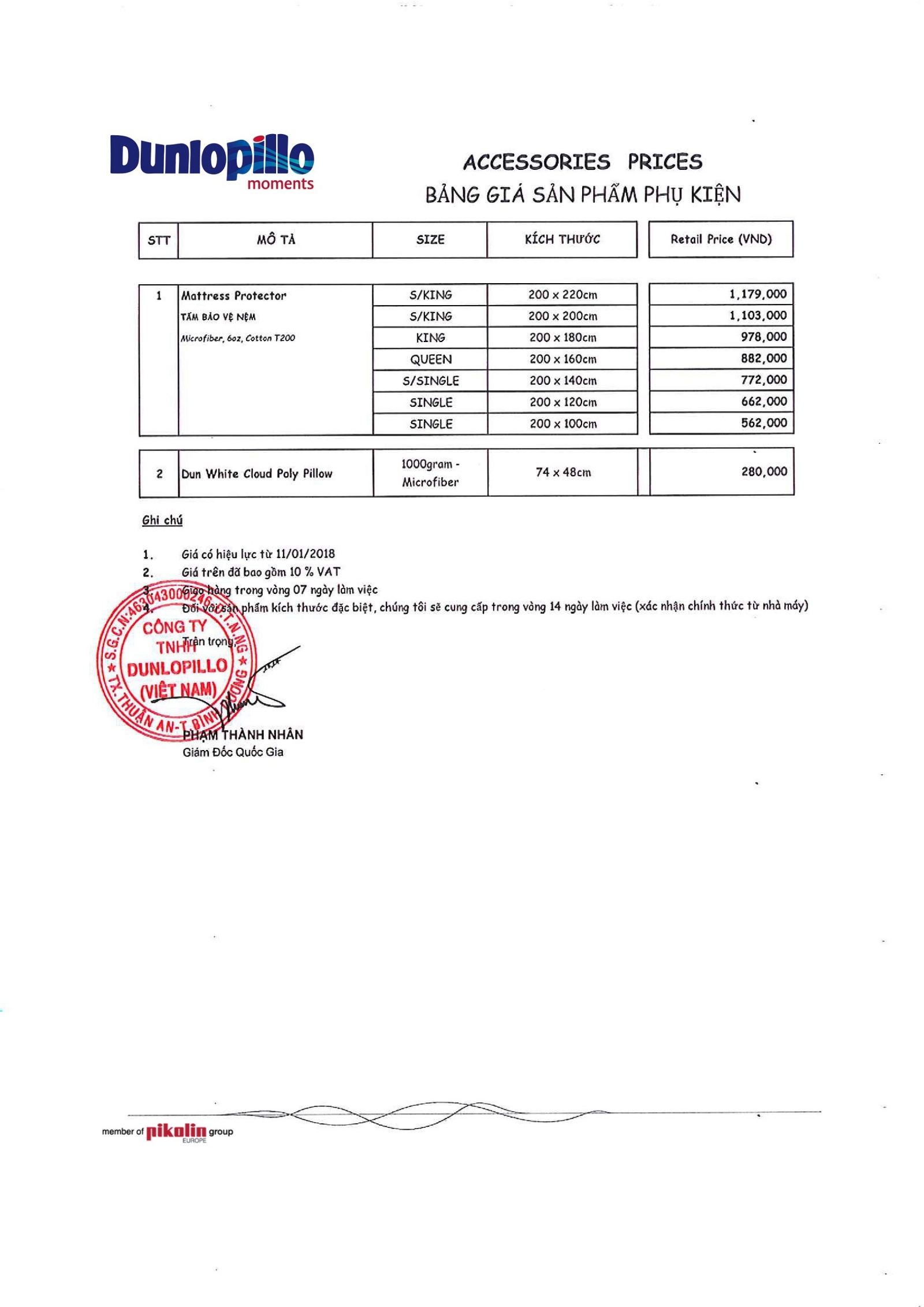 Bảng giá nệm Dunlopillo