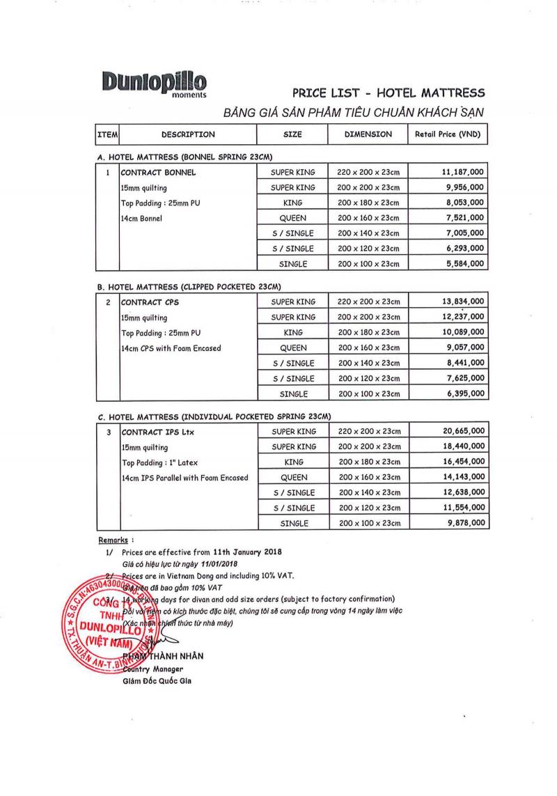 Bảng giá nệm khách sạn Dunlopillo